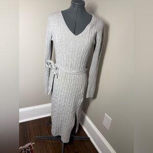 Elegant Gray Knit Dress tie waist  - S - Pink rose